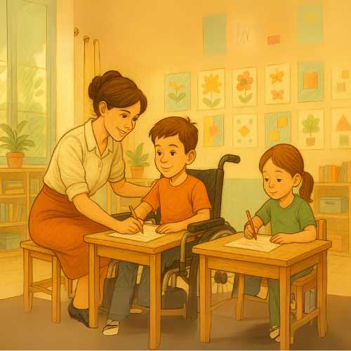 Kind malt im Klassenzimmer unter Aufsicht.