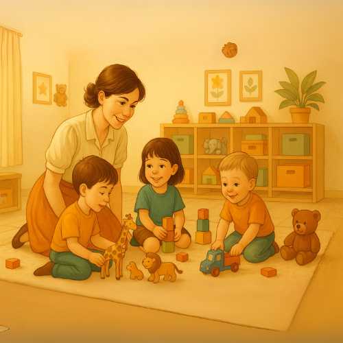 Lehrer hilft Kindern bei Lernaufgaben.